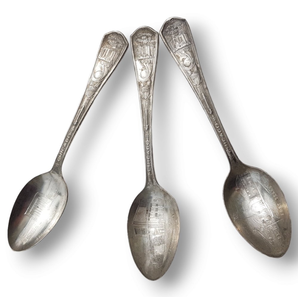 3 Silver Plate Souvenir Spoons 1933 Chicago Century Progress Oneida Art Deco